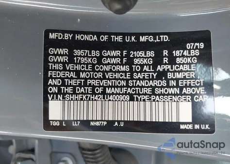 2020 Honda Civic Sport из США, поврежденный, VIN SHHFK7H42LU400909